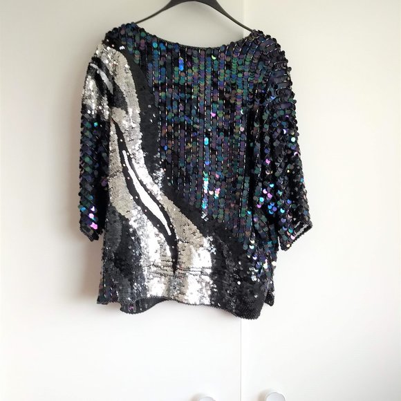 vintage 80s iridescent black silver sequin top NWOT - Picture 2 of 12